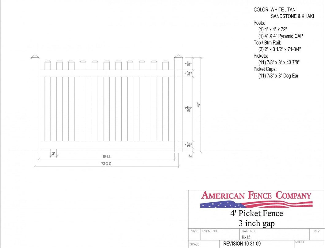 K-15   4' Tall x 6' Wide Picket Fence with 3